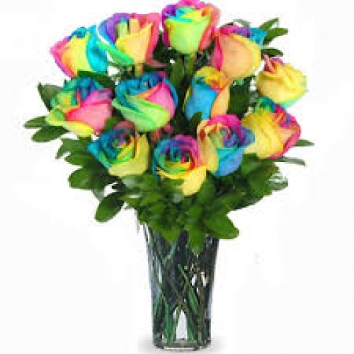 12 Rainbow Roses In A Vase