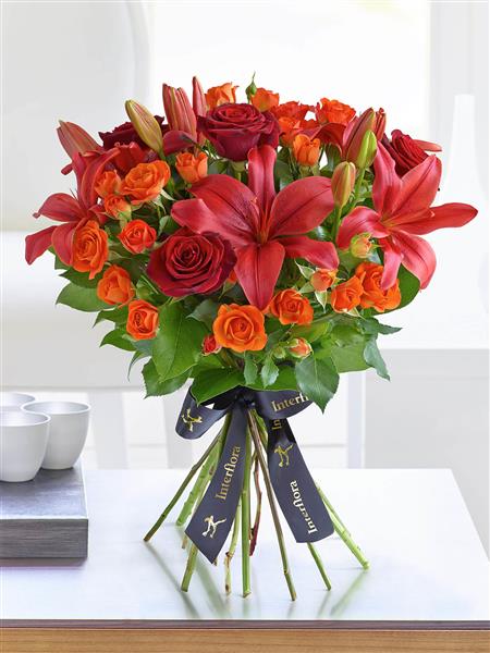 Luxury Red Rose and Lily Handtied with Belgian Chocolates