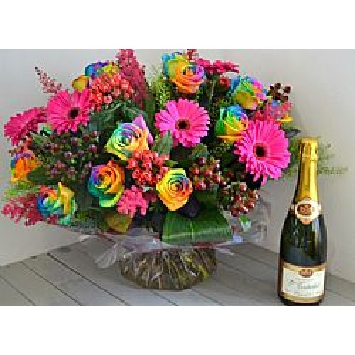 Rainbow Rose Arrangement with Mixed Flowers and Champagne