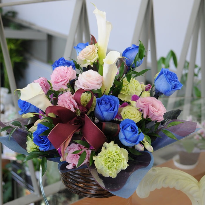 Blue Roses And Mixed Flowers Basket